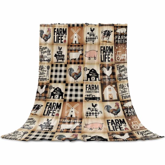 Vintage Farmhouse Animal House Truck Brown Plaid Patchwork Throw Flannel Blanket 32x48In Super Soft Cozy Bed Blanket, Lightweight Plush Fuzzy Bed Throw for Bedroom Sofa Couch Living Room