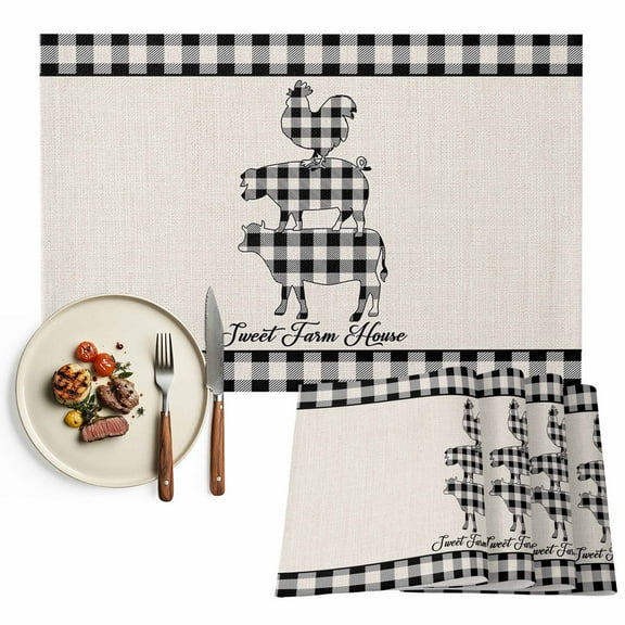 Vintage Farmhouse Animals Placemats Set of 12, Black White Plaid Cow Pig Chicken Table Mats Washable Heat-Resistant Non-Slip Place Mats for Kitchen Dinner Table Indoor Outdoor Decor,13x19 Inch