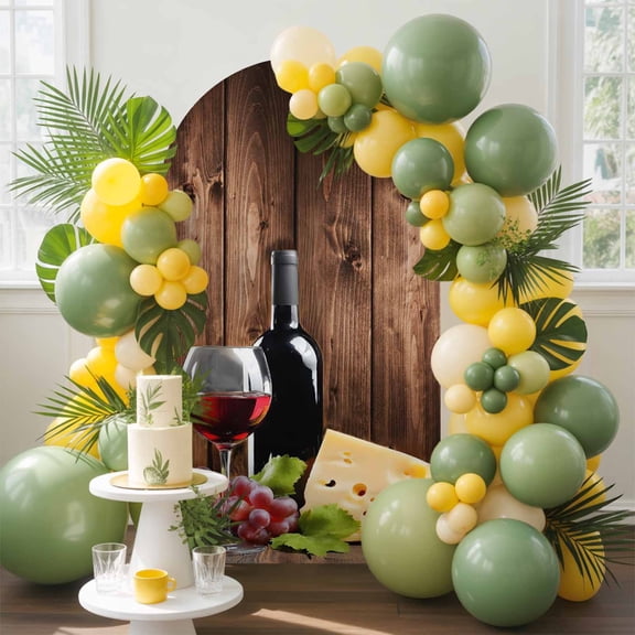 Vintage Farmhouse Arch Backdrop Cover, 7.2FT, Wine Cheese Grapes Brown Wood Grain Spandex Arch Covers Double-Sided Backdrop for Wedding Birthday Party Photo Background Decoration