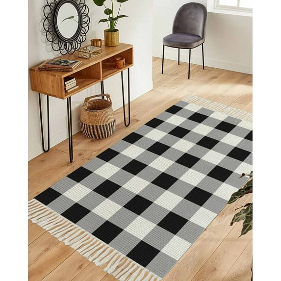 Vintage Farmhouse Area Rug 3x5ft Woven Runner Rug, Black and White Checkered Washable Living Room Hallway Bedroom Kitchen Carpet with Tassels, Non-Shedding Indoor Outdoor Throw Door Mat for Entryway