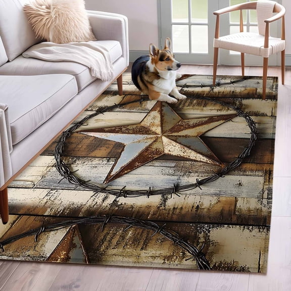 Vintage Farmhouse Area Rug 4x6 Washable Rug Non Slip Country Texas Star Brown Wooden Grain Large Area Rug Indoor Floor Carpet for Entryway Bedroom Kitchen Living Room Home Office Dining Room Nursery