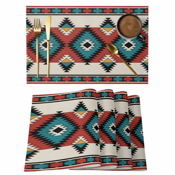 Vintage Farmhouse Aztec Geometric Boho Placemats Set of 6,Wipeable Washable Table Mats for Dining Tables, Modern Abstract Place Mats for Kitchen Event Party Tabletop Decor
