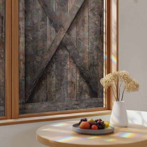 Vintage Farmhouse Barn Window Privacy Film,Heat Control Sun Blocking Static Cling Rainbow Film,Country Wooden Plank Non-Adhesive Glass Sticker Door Window Tint,17.7" x 39.3"