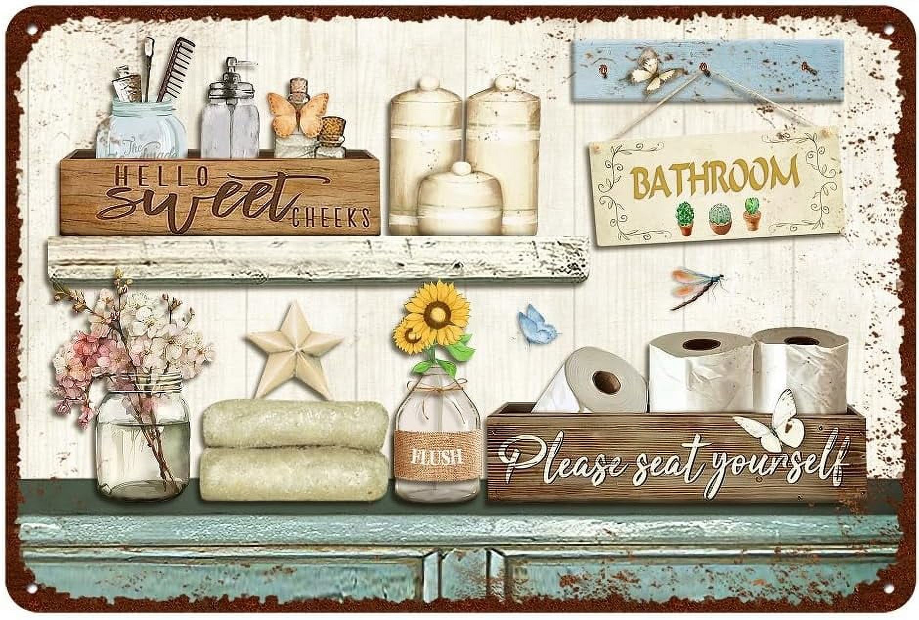 Vintage Farmhouse Bathroom Metal Tin Signs Rustic Flower Bathroom Decor