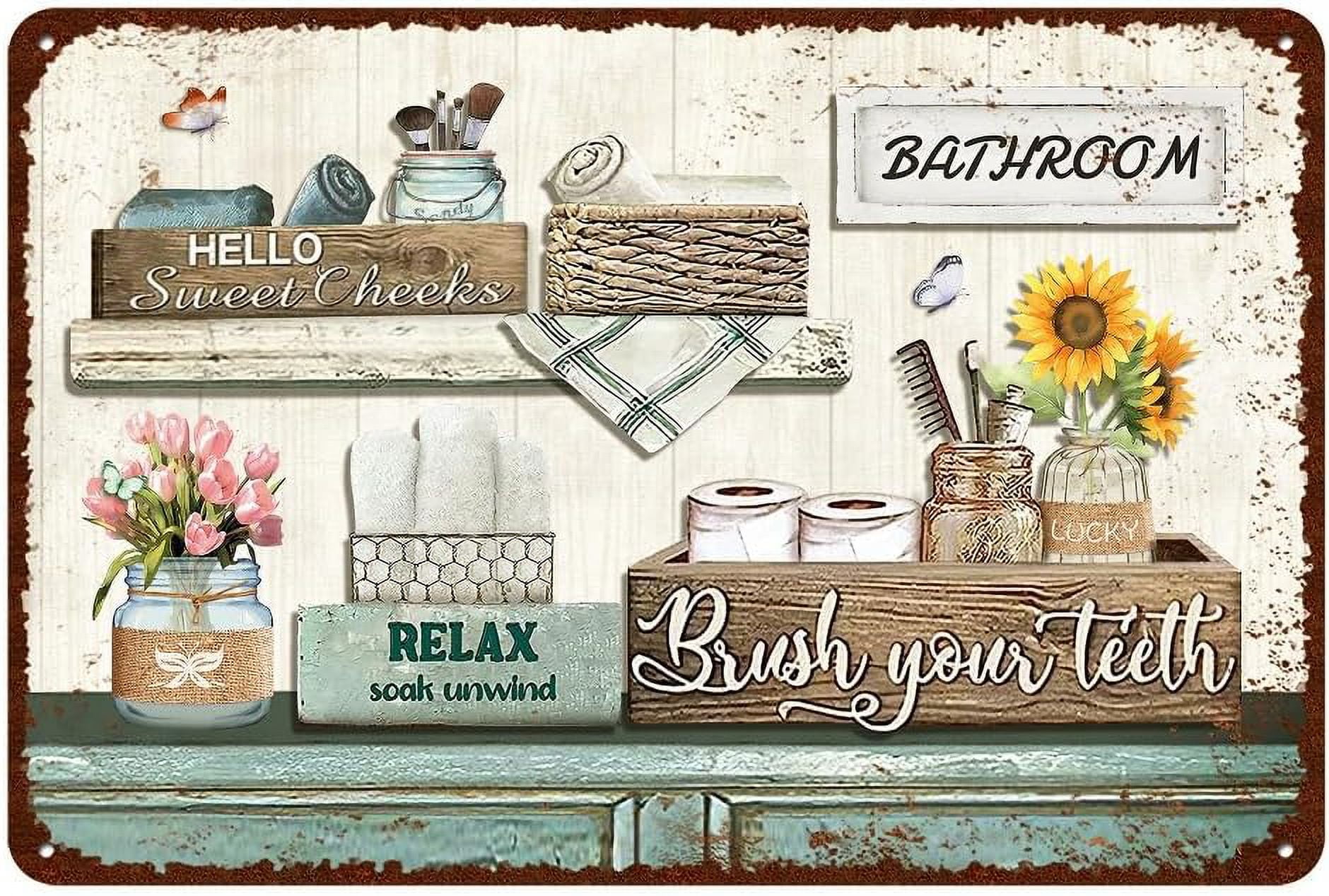 Vintage Farmhouse Bathroom Metal Tin Signs Rustic Flower Bathroom Decor