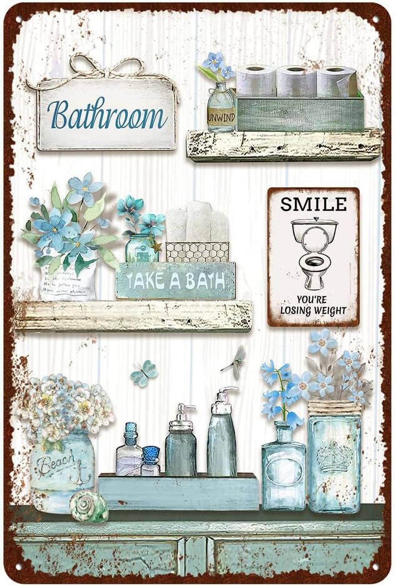 NICKSUN Vintage Farmhouse Bathroom Metal Tin Signs Rustic Flower