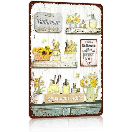Vintage Farmhouse Bathroom Metal Tin Signs Rustic Flower Country Wall Art Decor 8X12 Inches