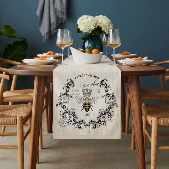 Vintage Farmhouse Bee Table Runner-36 Inch Long Animal on Letter Table Runners Linen Burlap Tablerunner for Kitchen Dining Room Holiday Party