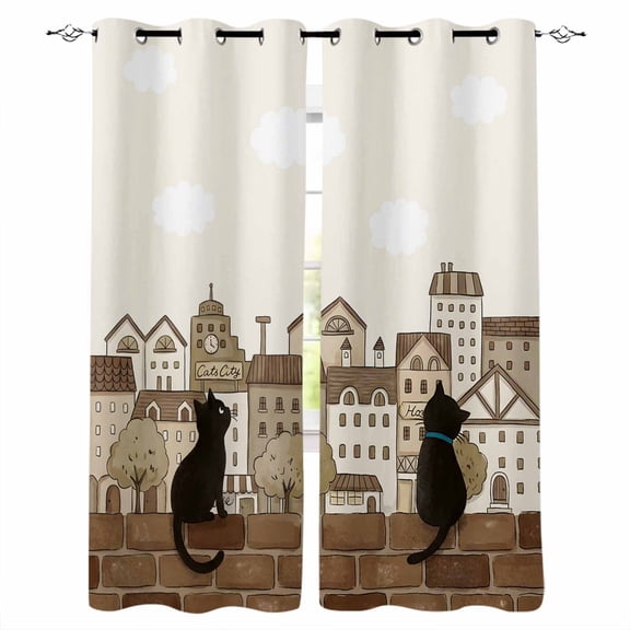 Vintage Farmhouse Blackout Curtains for Bedroom Living Room Darkening Curtains 96 Inches Long Country Houses Cats Cloud Beige Window Curtain 2 Panels Set Window Treatment Grommet Drapes 52"x96"