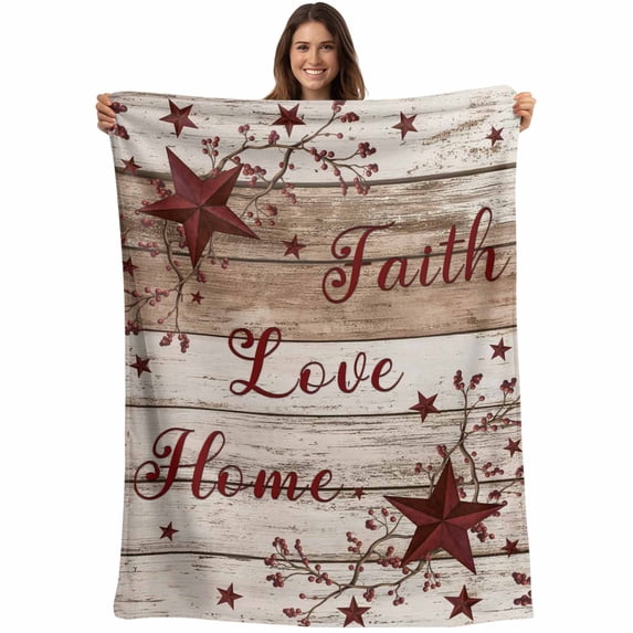 Vintage Farmhouse Blanket Soft Cozy Warm Throw Blanket for Couch, Plush Fuzzy Flannel Fleece Blankets for Sofa, Brown Country Star Berries Wooden Grain Bed Blankets Lightweight Gifts for Men, 50"x60"