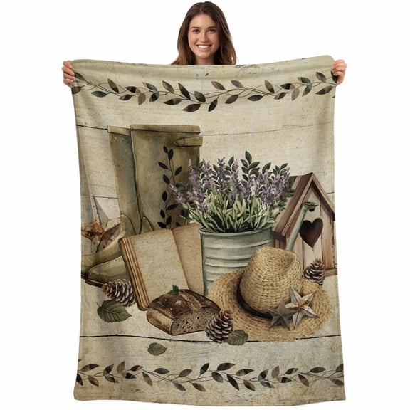 Vintage Farmhouse Blanket Soft Cozy Warm Throw Blanket for Couch, Plush Fuzzy Flannel Fleece Blankets for Sofa, Retro Country Boots Flowers Leaf Wooden Plank Bed Blankets Gifts for Men, 30"x40"