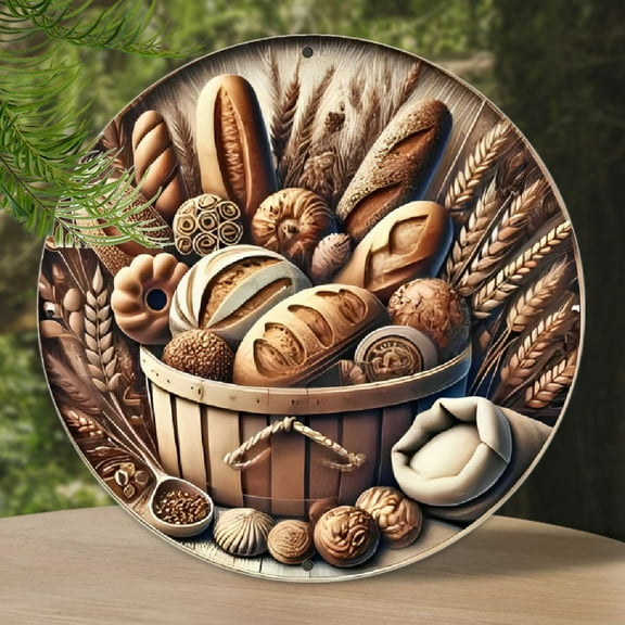 Vintage Farmhouse Bread & Wheat Kitchen Sign - 8x8" Round Aluminum Wall Art, Easy-Hang Decor for Home, Office, Bedroom, Restaurant, Bar - Durable & Perfect Gift Idea