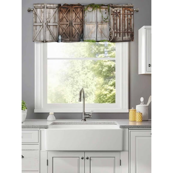 Vintage Farmhouse Brown Barn Door Valances for Windows,Rod Pocket Valance for Kitchen Bedroom Bathroom Living Room, Farm Green Leaves Window Valance Curtain Short Curtains 42x12in