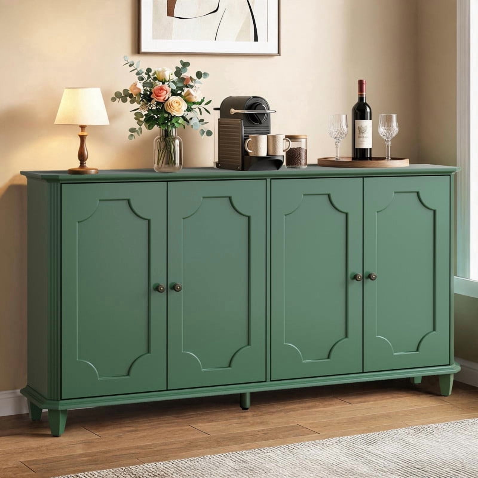 Vintage Farmhouse Buffet Sideboard Cabinet, 4 Embossed-Door Storage Cupboard, Versatile Cabinet with Adjustable Shelf