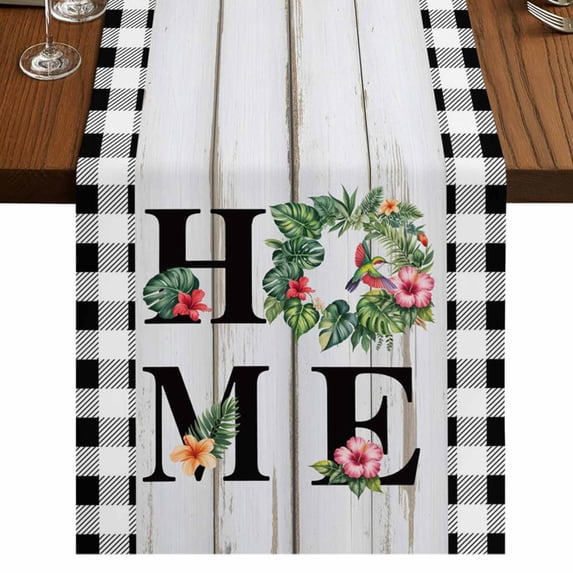 Vintage Farmhouse Burlap Cotton Table Runner 13x70 Inches Long, Farm Palm Leaves Floral Plaid Wooden Gray Farmhouse Table Runners, Outdoor Dining Tablecloths Decor for Baby Shower/Party/Wedding