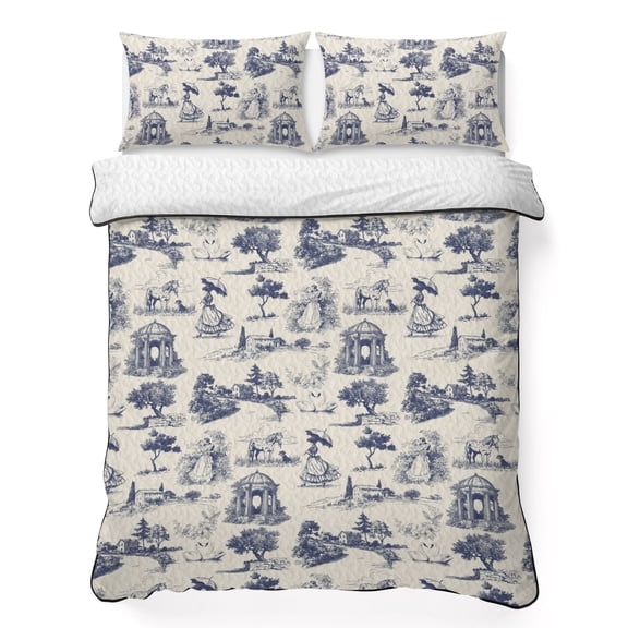 Vintage Farmhouse California King Quilt Bedding Set, Woman Horse Swan Estate Pastoral Style Lightweight Comforter with 2 Pillow Shams Bedroom Bedspread Set Home Decor for All Seasons