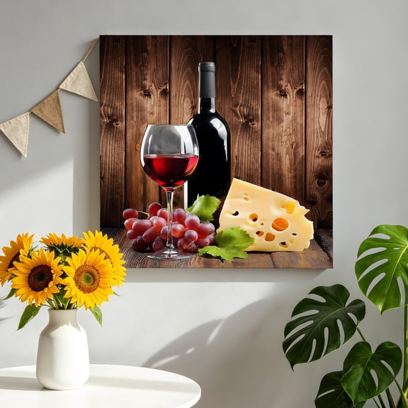 Vintage Farmhouse Canvas Wall Art Framed Wall Decor for Living Room Bedroom Bathroom, Wine Cheese Grapes Brown Wood Grain Canvas Pictures Ready to Hang Decor, 8"x8"