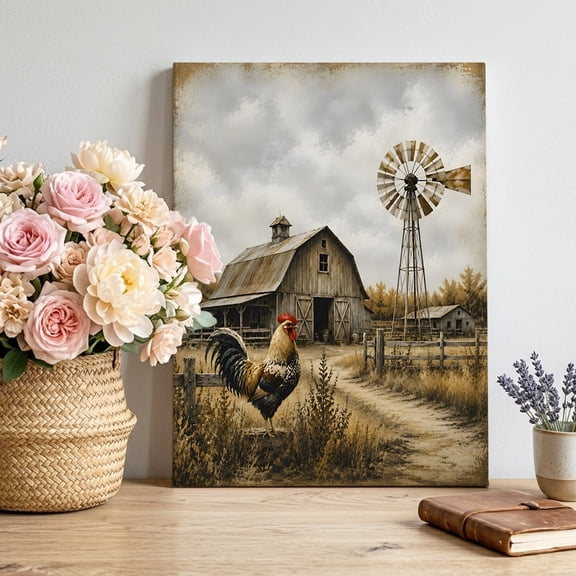 Vintage Farmhouse Canvas Wall Art for Living Room, Country Rustic Farm Rooster Windmill Grass Poster Print Painting for Desk Vanity Narrow Stair Wall Decoration Wall Pictures Prepare To Hang 8"x10"