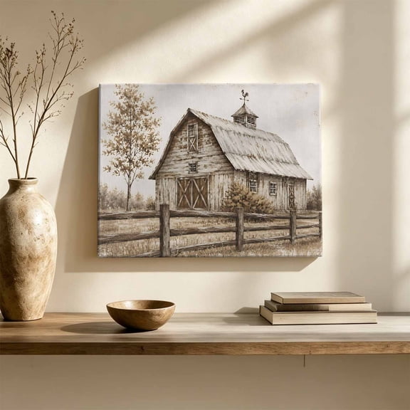 Vintage Farmhouse Canvas Wall Art, Rural Landscape Wooden Barn Rustic Roof Wall Art Prints Artwork Framed Canvas Ready to Hang Art Pictures for Large Dining Living Room Hallway 36" x 24"