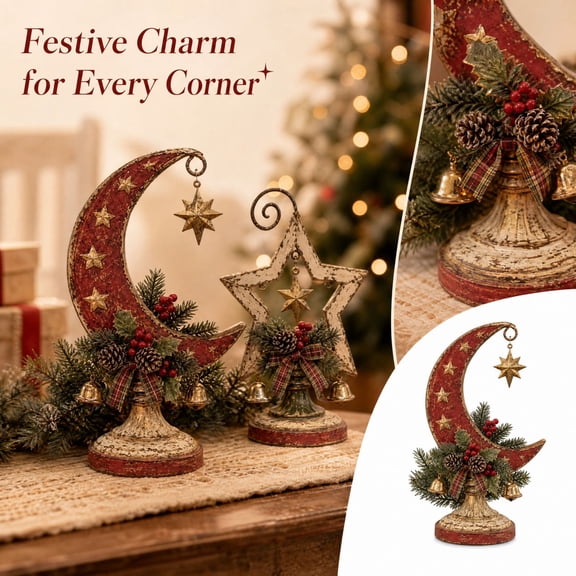Vintage Farmhouse Christmas Table Decor Set of 2 Rustic Moon and Star Holiday Figurines for Indoor Home Display