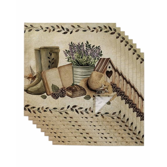 Vintage Farmhouse Cloth Napkins Set of 8 Reusable Dinner Napkins, Retro Country Boots Flowers Leaf Book Cocktail Napkin Washable Table Napkins for Wedding/Holiday Party/Baby Shower 20"x20"