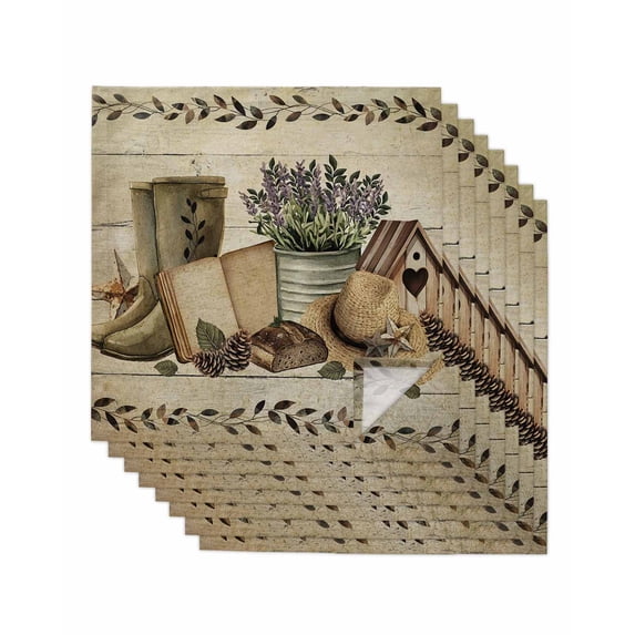Vintage Farmhouse Cloth Napkins Set of 8 Reusable Dinner Napkins, Retro Country Boots Flowers Leaf Wooden Plank Cocktail Napkin Washable Table Napkins for Wedding/Holiday Party/Baby Shower 20"x20"