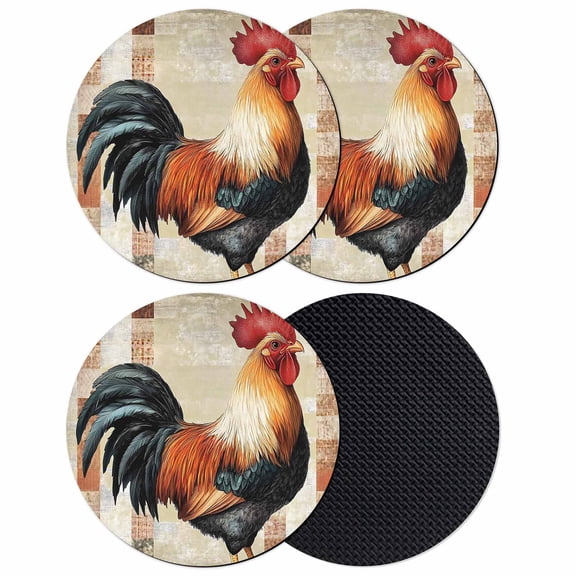 Vintage Farmhouse Coasters for Drinks,Absorbent Non Slip Rubber Drink Coasters Set of 4 for Cup,Table,Bar,Home Decor, Watercolor Rooster Pattern Red Brown