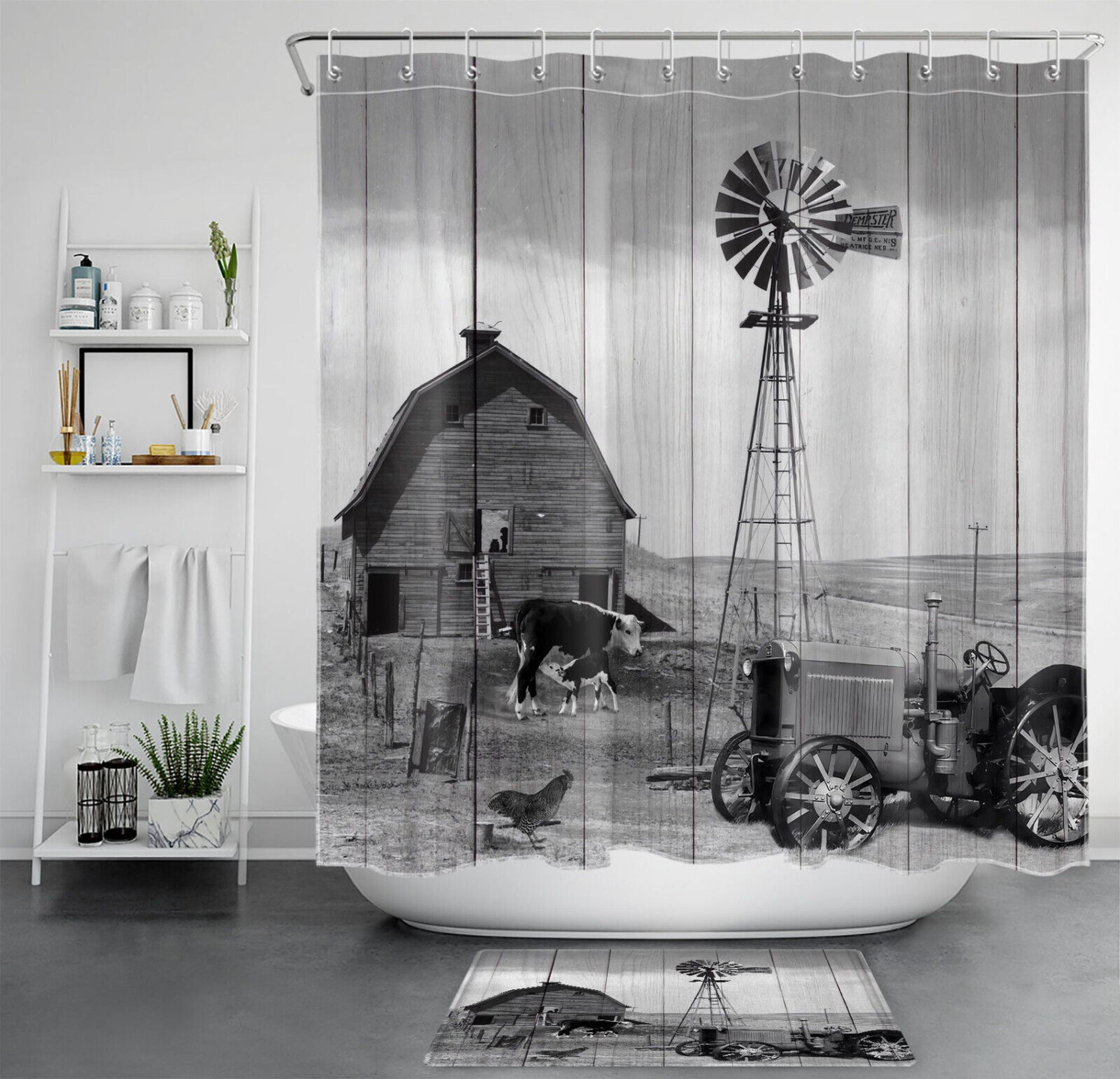 Vintage Farmhouse Cow Shower Curtain Set Rustic Grey Bathroom Decor