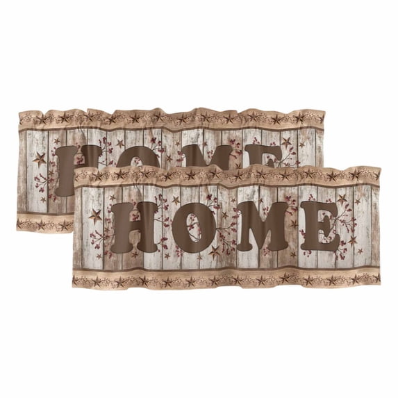 Vintage Farmhouse Curtain Valances for Windows, Kitchen Valance Window Treatments Panel 2 Pack, Retro Home Text Country Star Wooden Rod Pocket Short Curtains for Bathroom Bedroom 54 x 18 Inch