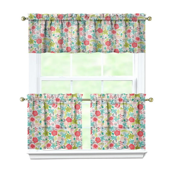 Vintage Farmhouse Curtains 24 Inch Short - 3 Panel Bohemian Wildflower Set with Rustic Floral Print, Rod Pocket Kitchen Window