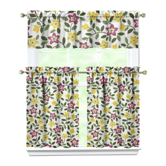 Vintage Farmhouse Curtains 36 Inch - 3 Panel Bohemian Wildflower Set with Rustic Floral Print, Rod Pocket Kitchen