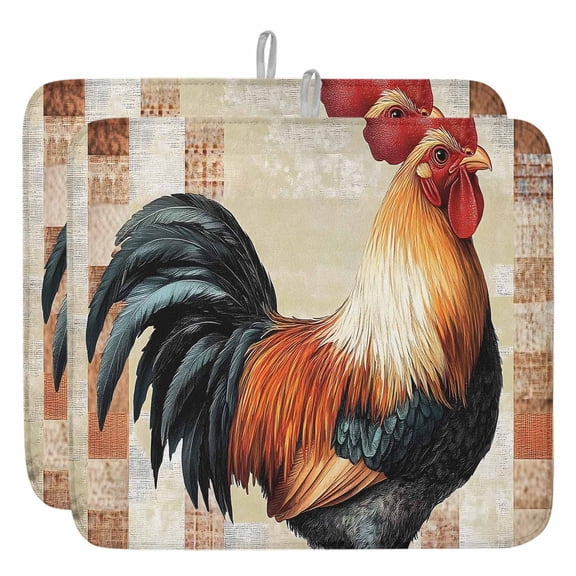 Vintage Farmhouse Dish Drying Mat, Watercolor Rooster Pattern Absorbent Dish Drying Matt Pad for Kitchen Countertops,Sinks,Dish Drainer Racks, Large 18x24inx2 Pcs, Red Brown