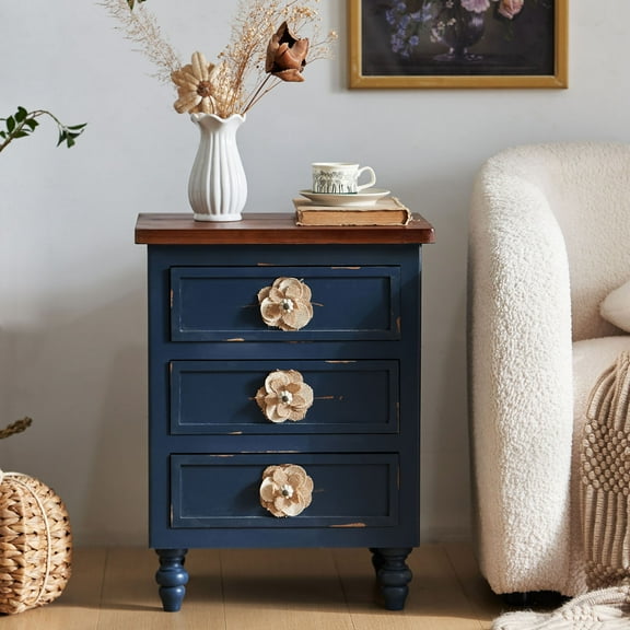 Vintage Farmhouse End Table With Floral Knobs - 19 Inch Rustic Nightstand With 3 Drawers For Bedside Or Sofa Accent,Antique Blue,Walnut