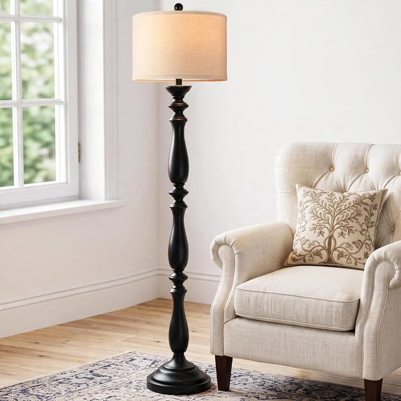Vintage Farmhouse Floor Lamp 60" Tall, Cottage Candlestick Design Standing Lamp with Rotary Switch, Cast Resin & Linen Shade for Living Room Bedroom Corner Decor, Black