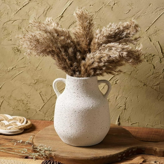 Vintage Farmhouse Flower Round Ceramic Vase with 2 Handles, Rustic Pampas Grass Vase, White Modern Decorative Flower Ceramic Vase for Home Decor, Table, Living Room Decoration, Office, 7.7 Inch