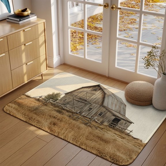 Vintage Farmhouse Front Door Mat Indoor Entrance, Country Farm Broken Wooden Fence Dry Hay Field Absorbent Dirt Resist Welcome Mats Non-Slip Low-Profile Doormat Washable Entry Rug Indoor 17x30 Inch