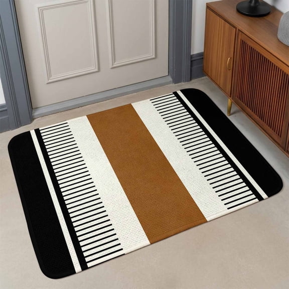 Vintage Farmhouse Front Door Mat Indoor Entrance, Leather Brown Black Texture Stripes Absorbent Dirt Resist Welcome Mats Non-Slip Low-Profile Doormat Washable Entry Rug Indoor Outdoor 17x30 Inch