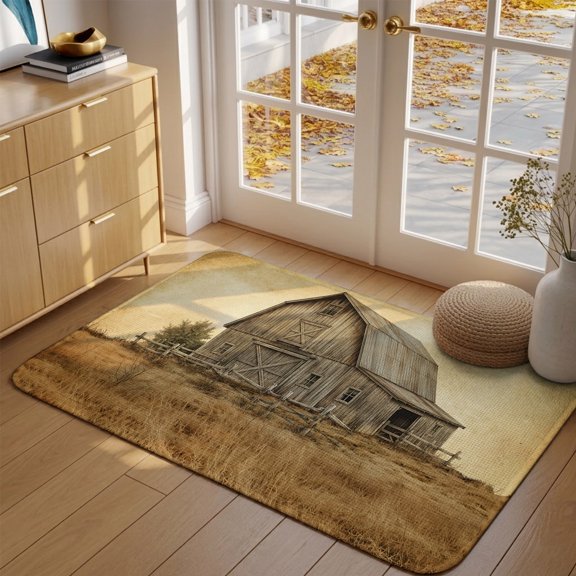 Vintage Farmhouse Front Door Mat Indoor Entrance, Vintage Farm Broken Wooden Fence Dry Hay Field Absorbent Dirt Resist Welcome Mats Non-Slip Low-Profile Doormat Washable Entry Rug Indoor 17x30 Inch