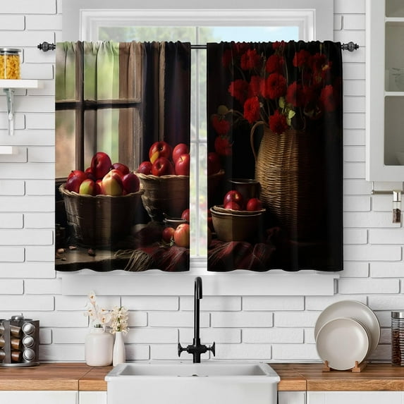 Vintage Farmhouse Fruit Kitchen Curtains: Apple Rustic Burgundy Flower Short Cafe Curtains Decor for Living Room Tier Curtains for Bathroom Rod Pocket Window Drapes Decor 36 Inch 2 Panels