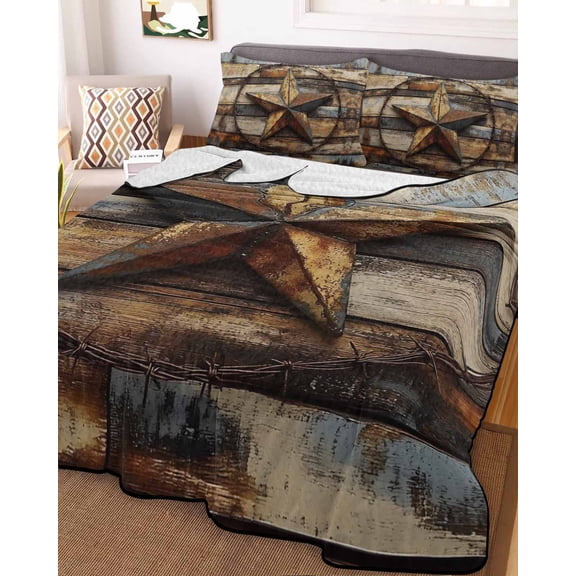 Vintage Farmhouse Full Size Down Alternative Comforter, Lightweight Comforter Quilt Bedding Set with Pillow Shams Western Texas Rustic Star Wooden Grain All Seasons Bed Comforter Duvet Insert 78"x90"