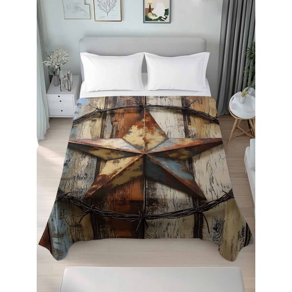 Vintage Farmhouse Full Size Flat Sheet, Wrinkleproof & Fadeproof Cooling Flat Bed Sheet Only, Country Western Texas Star Wood Grain Breathable Soft Bedding Top Sheets 81 x 96 Inches