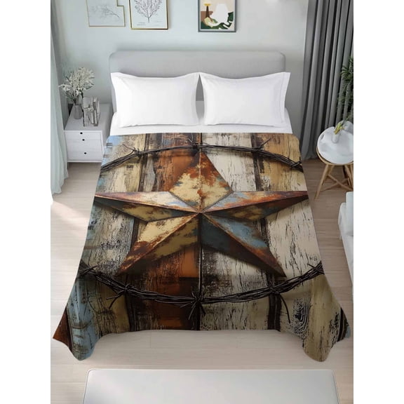 Vintage Farmhouse Full Size Flat Sheet, Wrinkleproof & Fadeproof Cooling Flat Bed Sheet Only, Country Western Texas Star Wood Grain Breathable Soft Bedding Top Sheets 81 x 96 Inches
