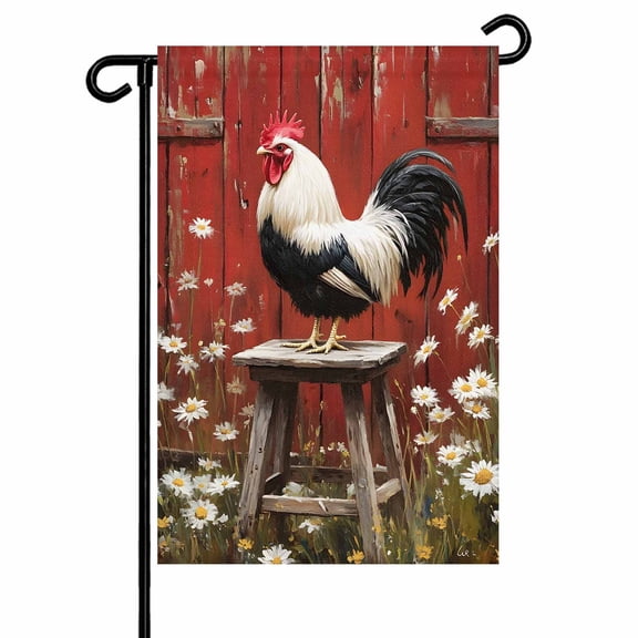 Vintage Farmhouse Garden Flags for Outside Rooster Red Barn Daisies Double Sided Yard Flags Outdoor House Decoration, Small 12X18 Inch, Red
