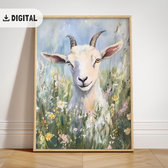 Vintage Farmhouse Goat Art Poster, Cottagecore Wall Decor, Farm Animal Nature Poster, Unframed Poster Size 12x18