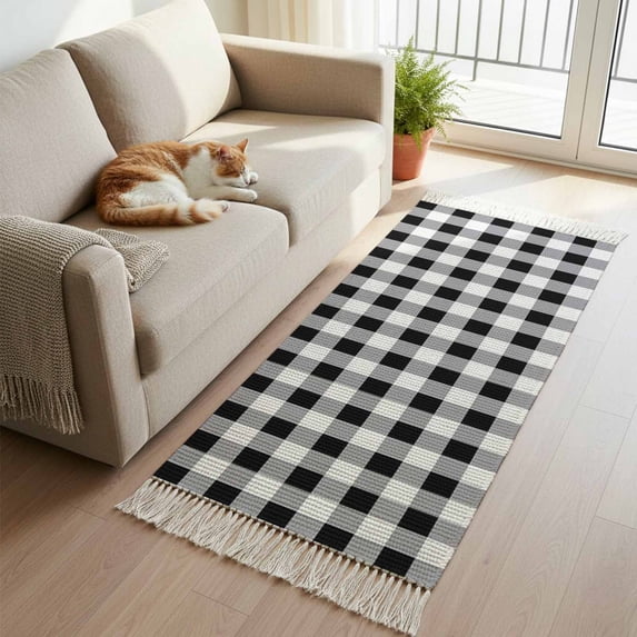 Vintage Farmhouse Hallway Runner Rug 2'x5', Black and White Checkered Washable Kitchen Runner Rug with Tassels, Laundry Room Rugs Woven Cotton Carpet for Bedroom Entryway Front Door