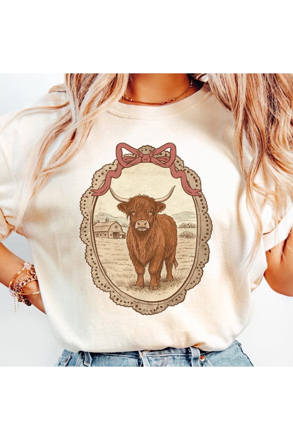 Vintage Farmhouse Highland Cow, Grandma Core Cottagecore Oval Frame Sublimation Design, Comfort Colors Unisex Cotton T-Shirt, Size S-3XL