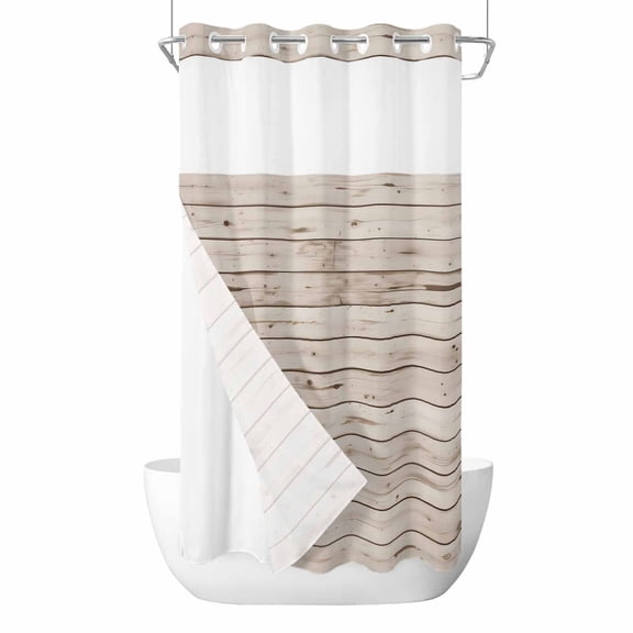 Vintage Farmhouse No Hook Shower Curtain Waterproof, Bathroom Curtains with Snap in Liners and See Through Top Window, Country Retro Beige Wooden Grain Hotel Style Bathtub Curtains Shower 36"Wx78"L