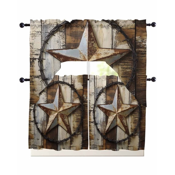 Vintage Farmhouse Kitchen Curtains Swag Valance and Tier Curtains Set 36 Inch Length, Country Texas Star Brown Wooden Grain Rod Pocket Drape Panels Pair Swag Curtain for Bathroom/Cafe/Window