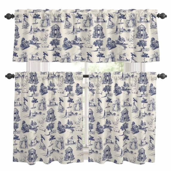 Vintage Farmhouse Kitchen Curtains Valances and Tiers Set of 3 Woman Horse Swan Estate Pastoral Style Tier Curtains and Valance with Rod Pocket for Small Windows, 27.5"x24"