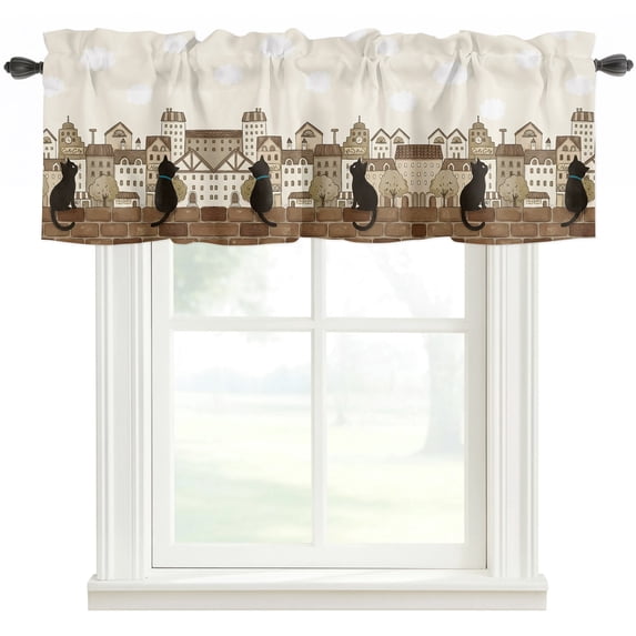 Vintage Farmhouse Kitchen Valances for Windows, Country Houses Cats Cloud Beige Bathroom Window Valances 60x18 Inch Rod Pocket Window Treatments Valance Curtains for Living Room Bedroom Decor